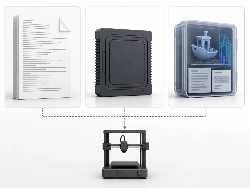 Comparison of plain-text G-code, Prusa bgcode, and packaged print job files
