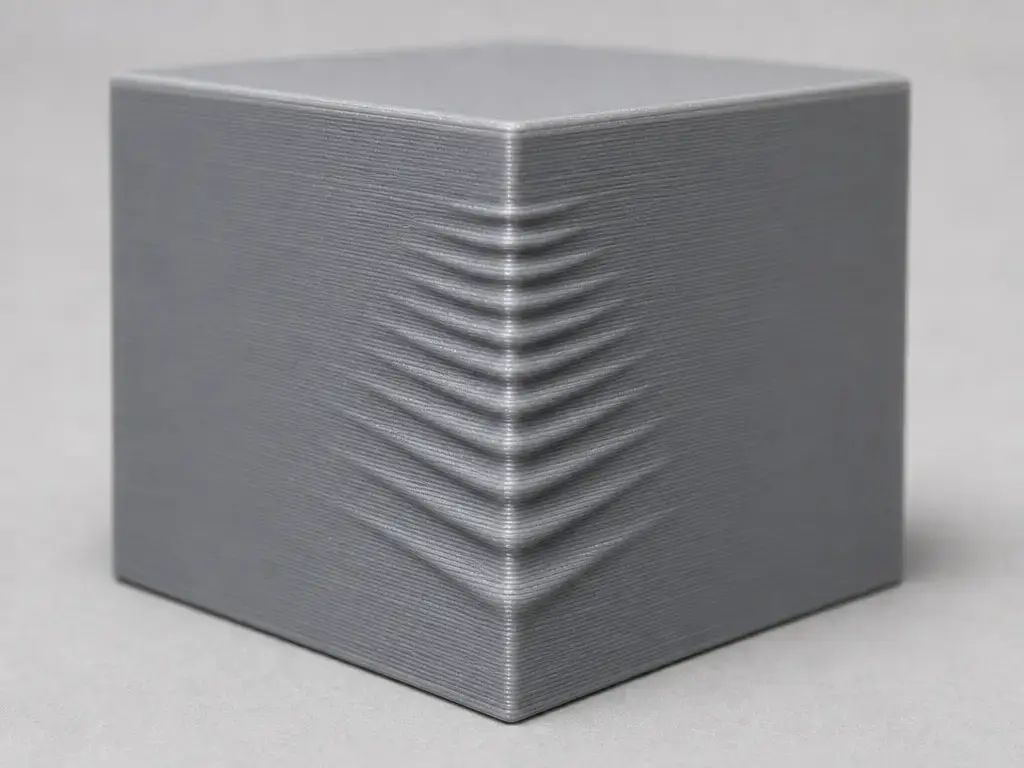 FDM calibration cube showing decaying ghosting ripples after a sharp corner