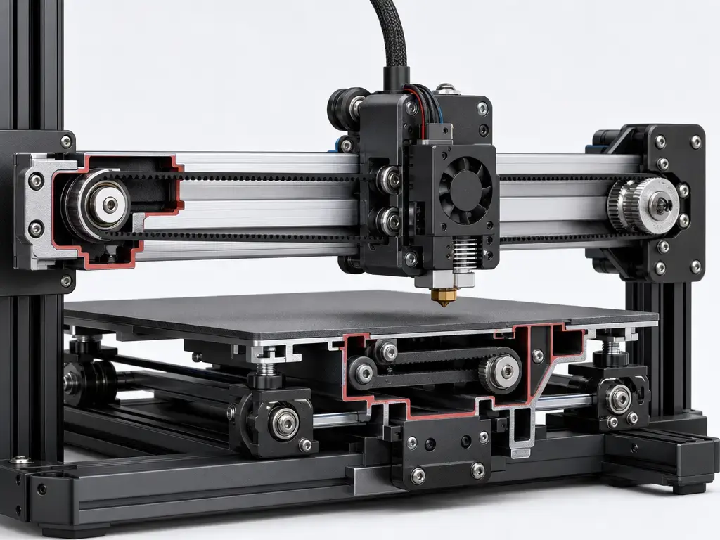 FDM printer gantry cutaway with belts, pulleys, and carriage parts for ringing diagnosis