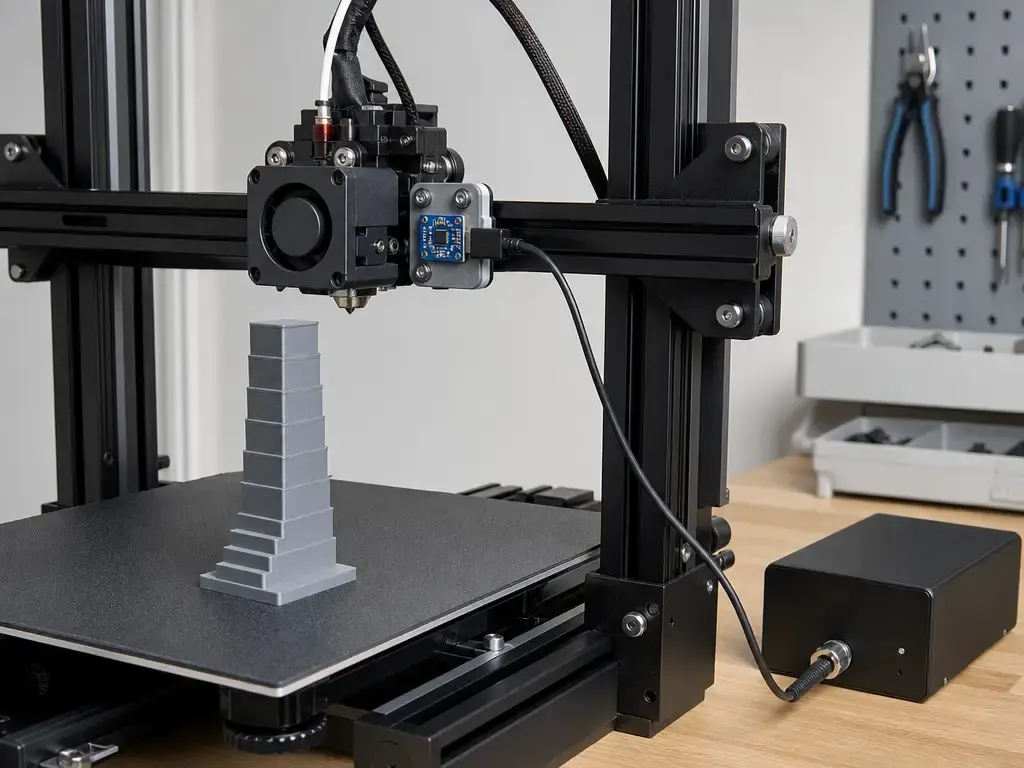 Accelerometer-based resonance measurement on an FDM printer beside a ringing test tower