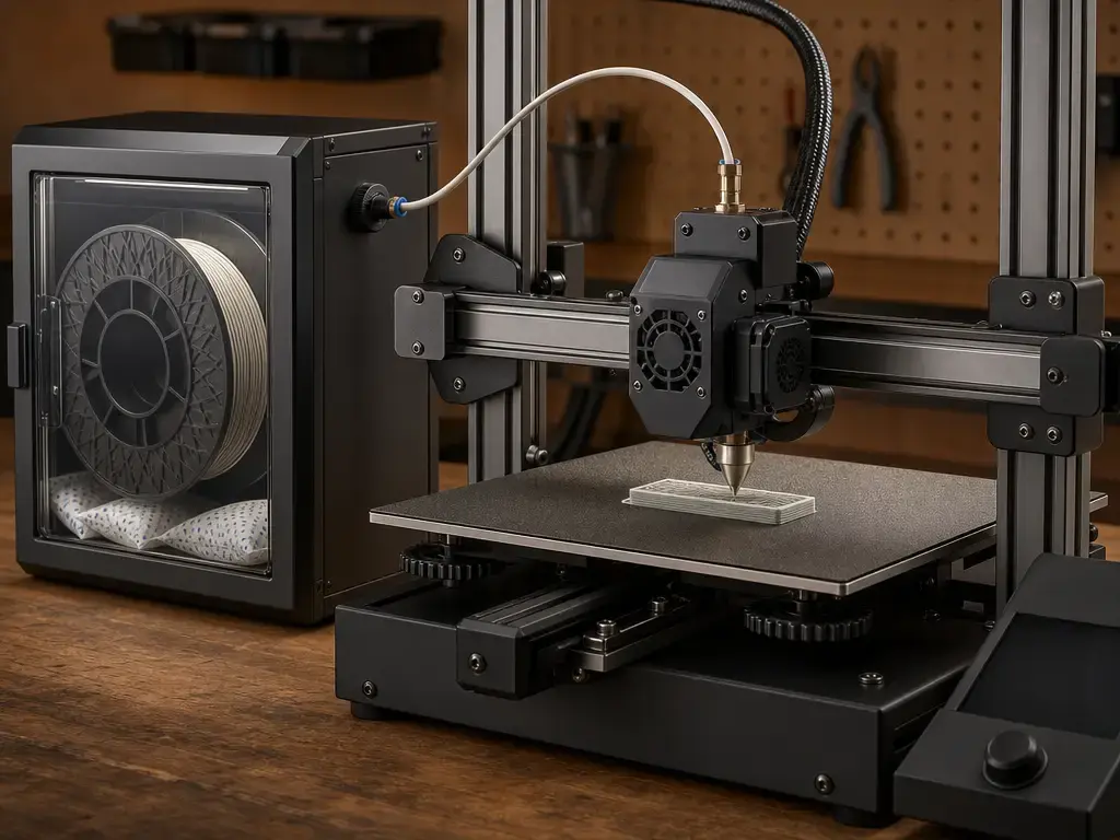 FFF printer using glass fiber filament from a dry box through a hardened nozzle