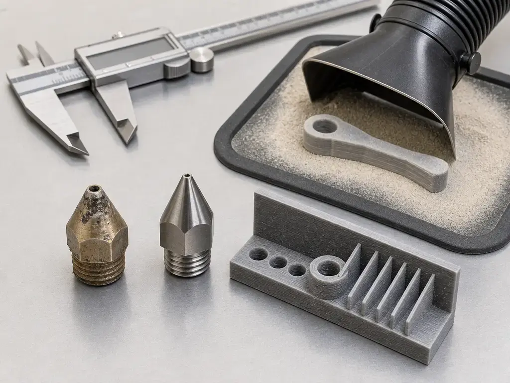 Worn nozzle and dust-controlled setup for glass fiber filament parts