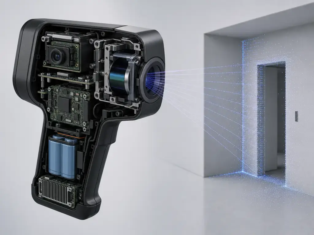 Handheld LiDAR 3D scanner cutaway with internal modules and emerging point cloud