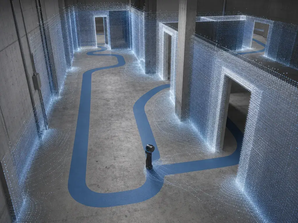 Portable LiDAR 3D scanning workflow with overlapping point-cloud passes in a corridor