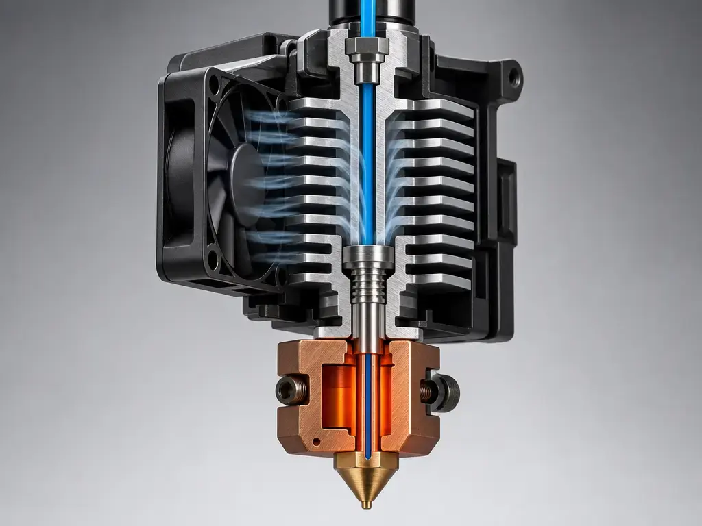 Cutaway FFF hotend showing nozzle, heat break, heatsink, and cooling airflow