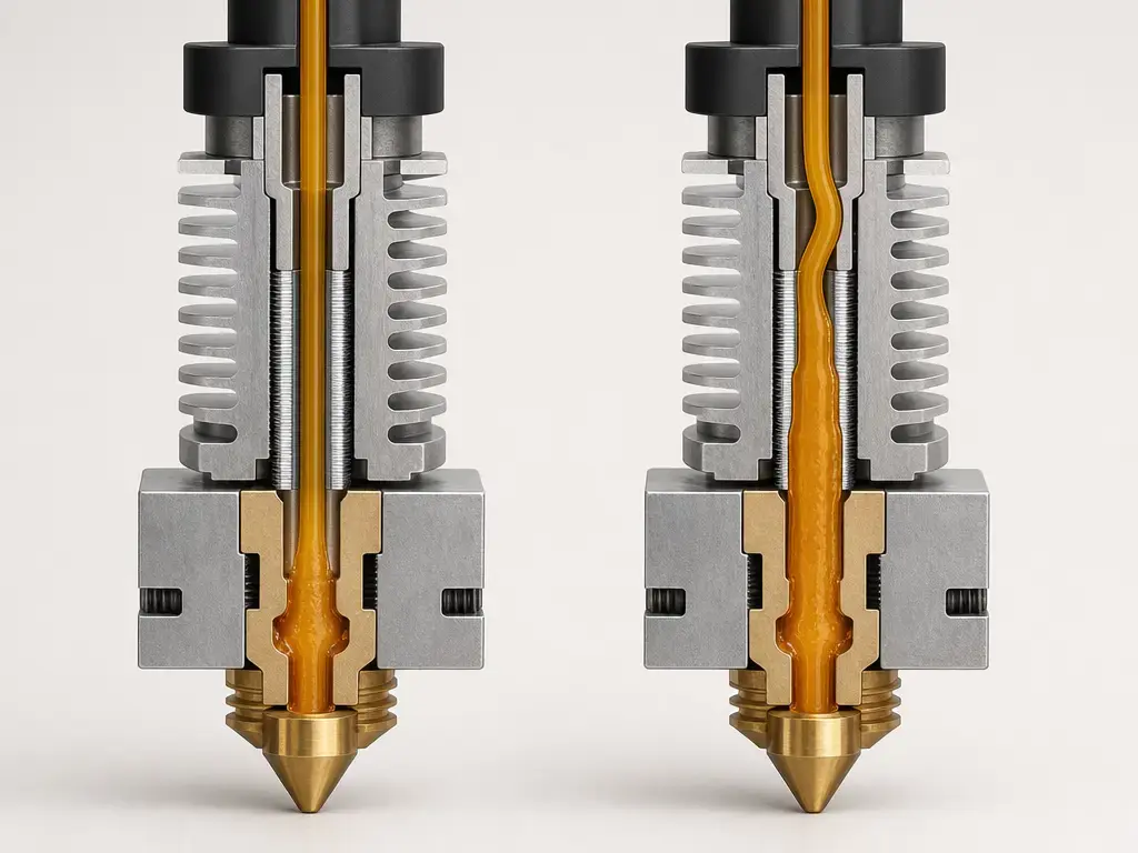 Comparison of normal hotend transition zone and heat creep buckling in a filament column