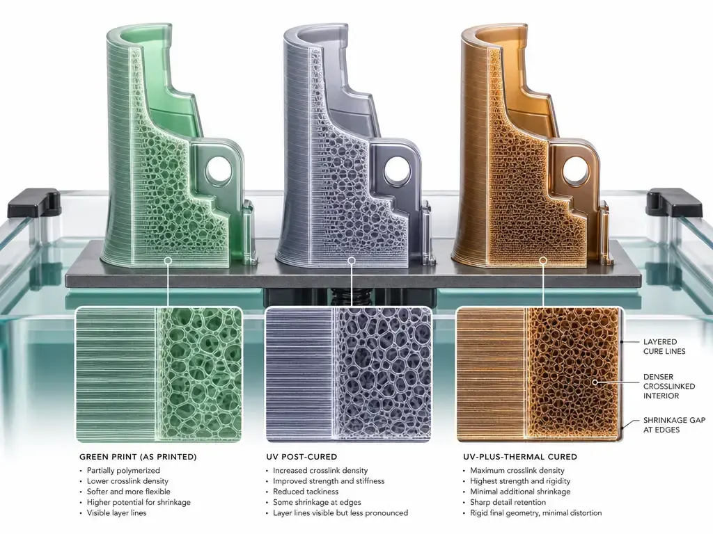 Cutaway of high-temp resin curing states in SLA and DLP, from green to post-cured