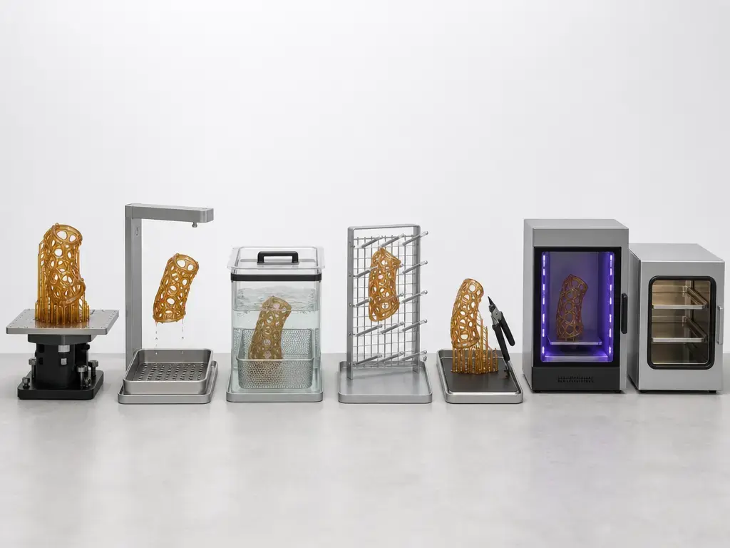 High-temp resin workflow from print to wash, dry, support removal, and post-cure