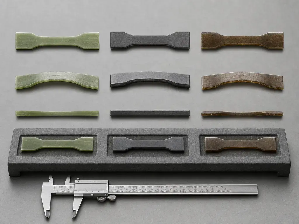 Comparison of high-temp resin test coupons showing HDT, stiffness, and brittleness trade-offs
