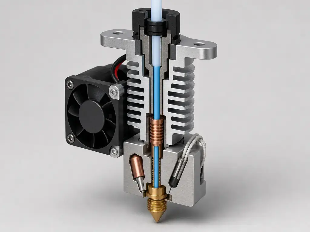 Cutaway of a 3D printer hotend showing nozzle, heater block, heat break, heat sink, and cooling fan
