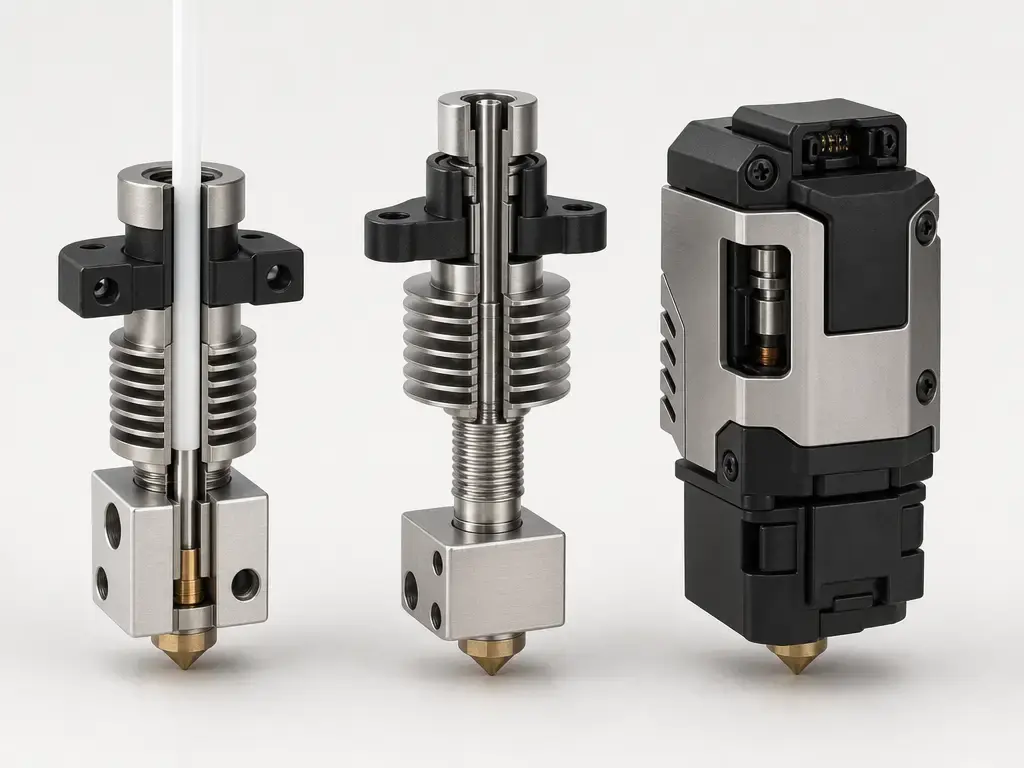 Comparison of PTFE-lined, all-metal, and swappable print-core style hotend modules