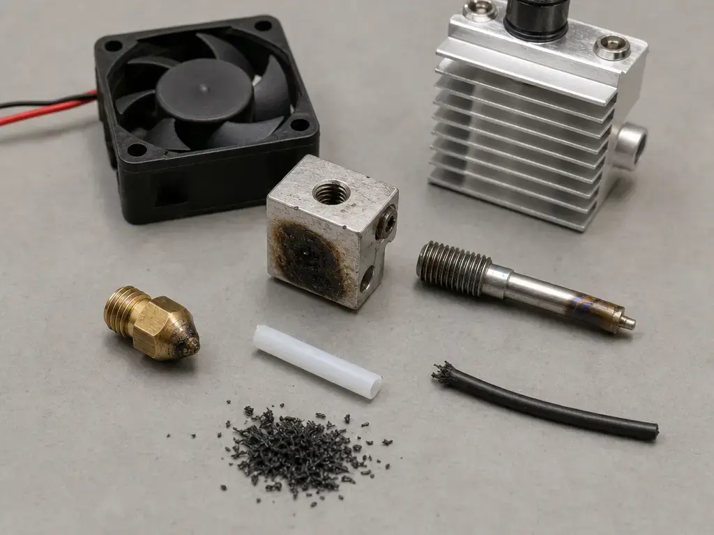 3D printer hotend troubleshooting layout with nozzle, PTFE path parts, and cooling components