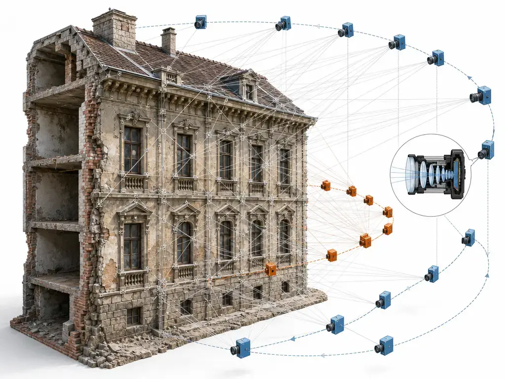 Photogrammetry geometry cutaway showing overlapping camera views and triangulation around a facade.