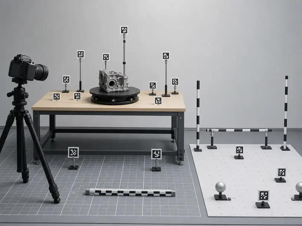 Photogrammetry workflow setup with targets, scale bars, and separate validation checkpoints.