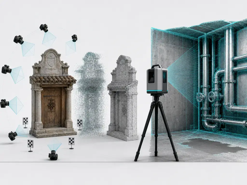Comparison of photogrammetry and laser scanning accuracy workflows on an architectural test scene.