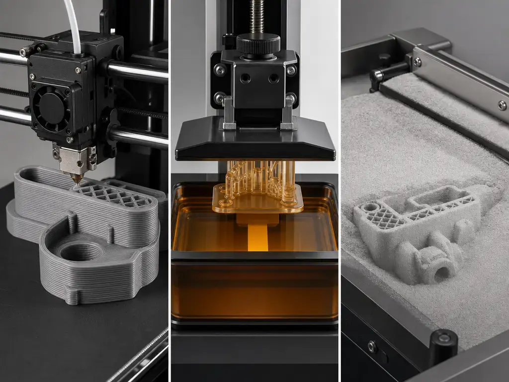 Comparison of FDM extrusion, resin exposure, and SLS powder-bed 3D printing processes