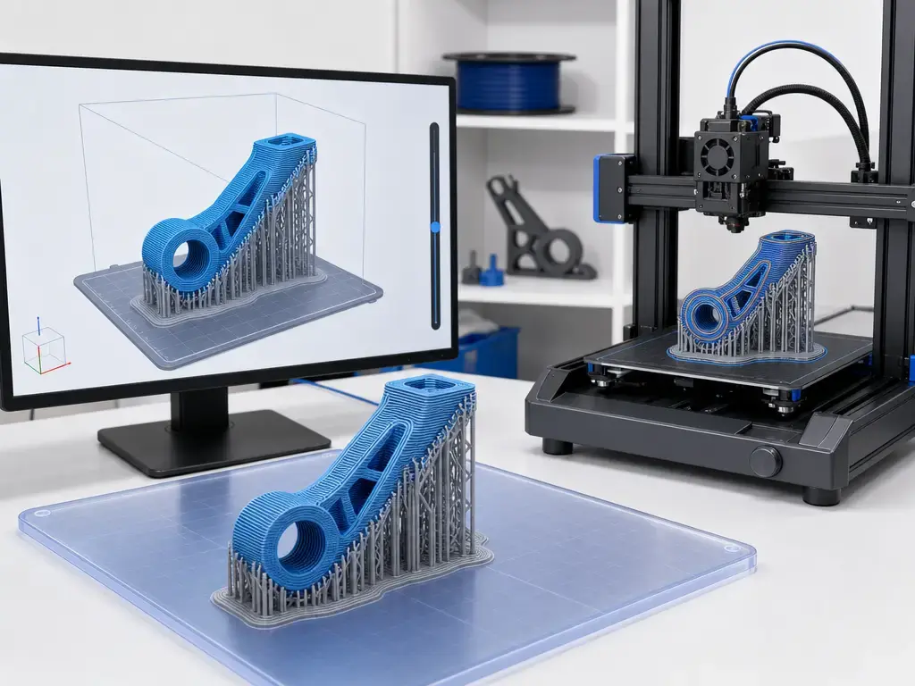 3D model in slicer preview with supports and layers for print time estimation