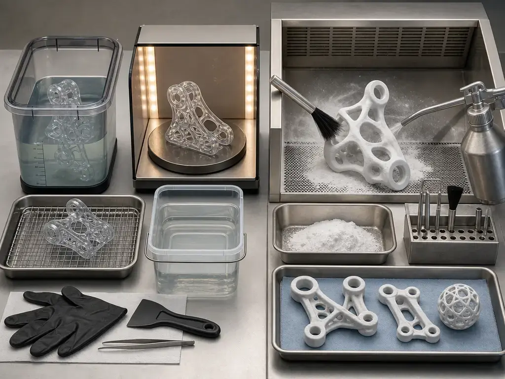 Post-processing workflow showing resin washing and curing plus powder-part depowdering