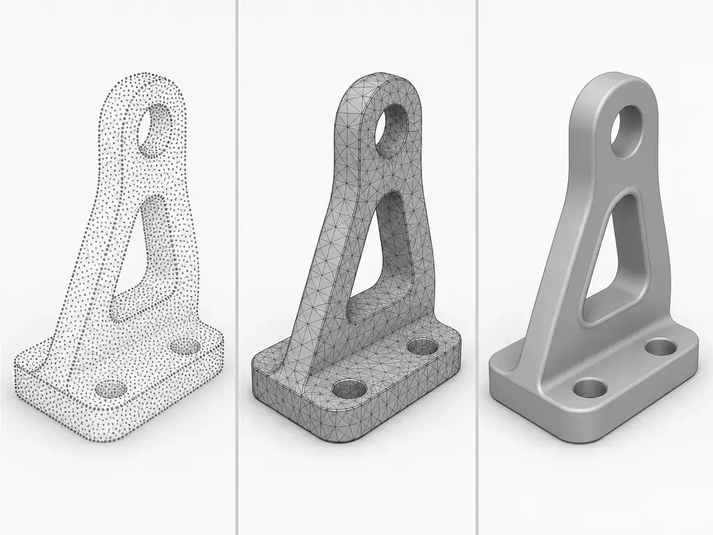 same scanned object represented as point cloud mesh and CAD surface