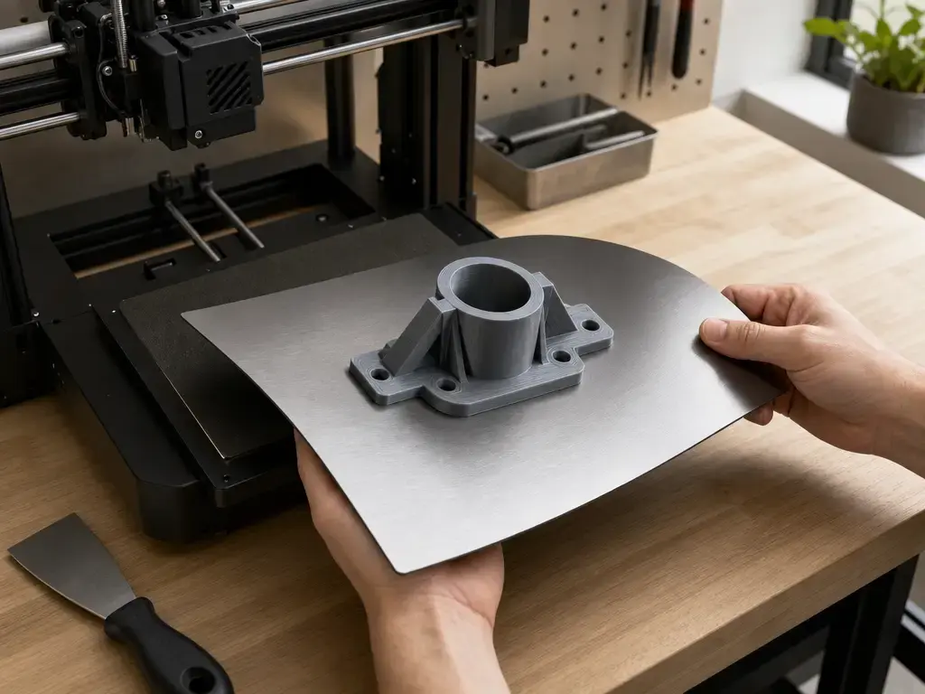 Cooled spring-steel build sheet flexed gently to release an FDM print