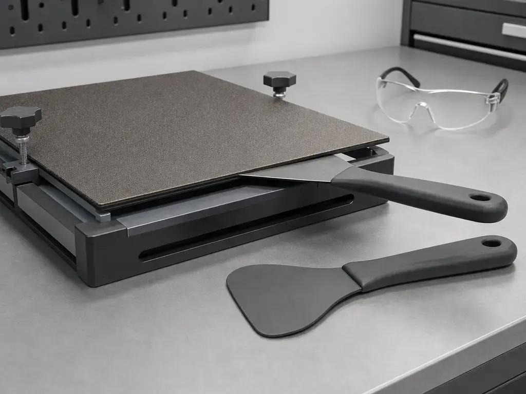 Plastic scraper held nearly parallel to a supported build plate