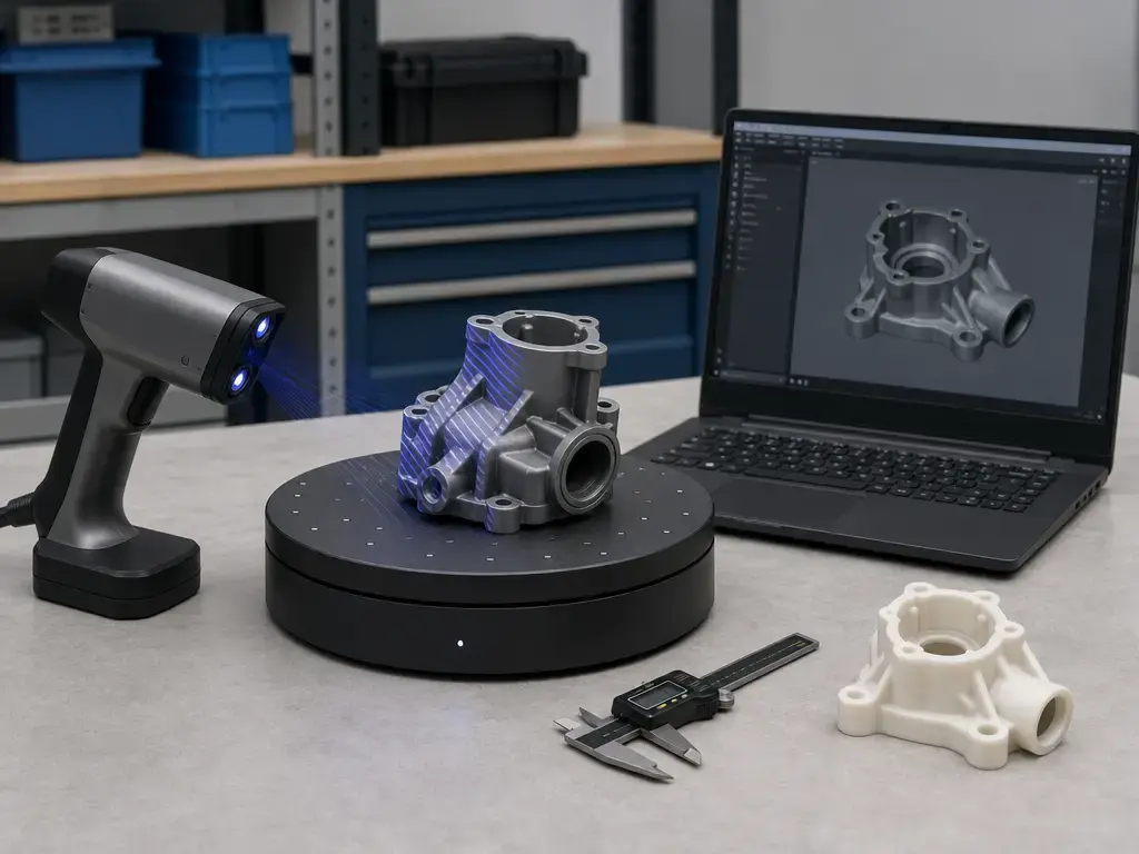 Handheld 3D scanning workflow with turntable, validation sample, and laptop