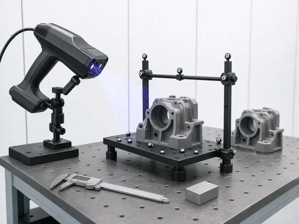 Optical 3D scanner metrology setup measuring a matte technical part
