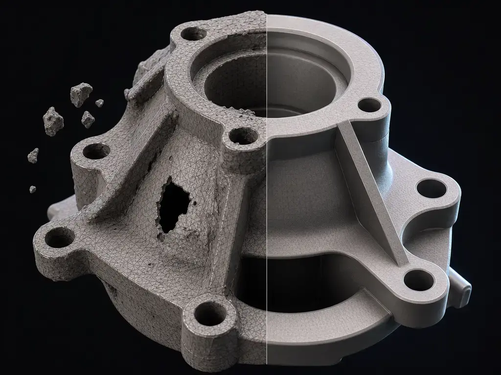 3D scan mesh repair showing holes, artifacts, and preserved edges
