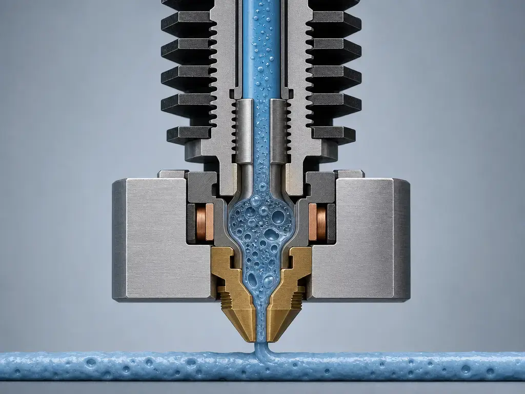 Cutaway of FFF filament absorbing moisture and forming steam voids in a hot nozzle