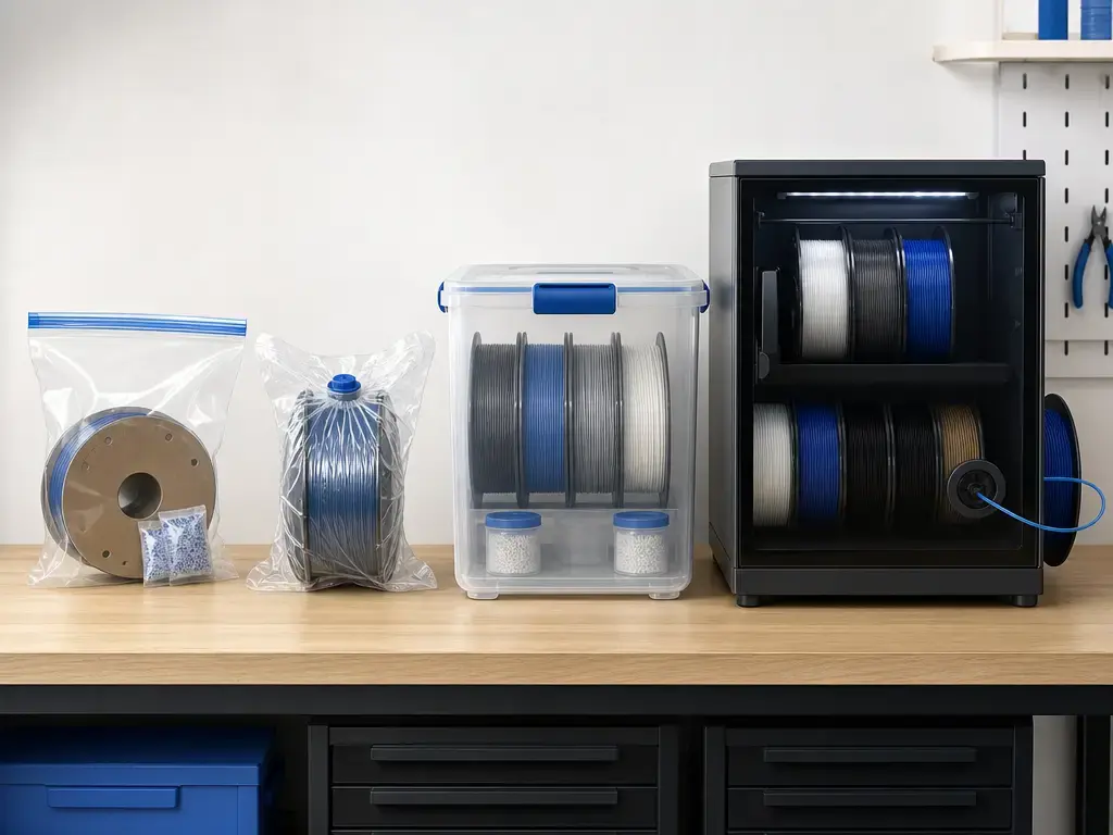 Comparison of sealed bag, airtight box, and dry cabinet filament storage setups