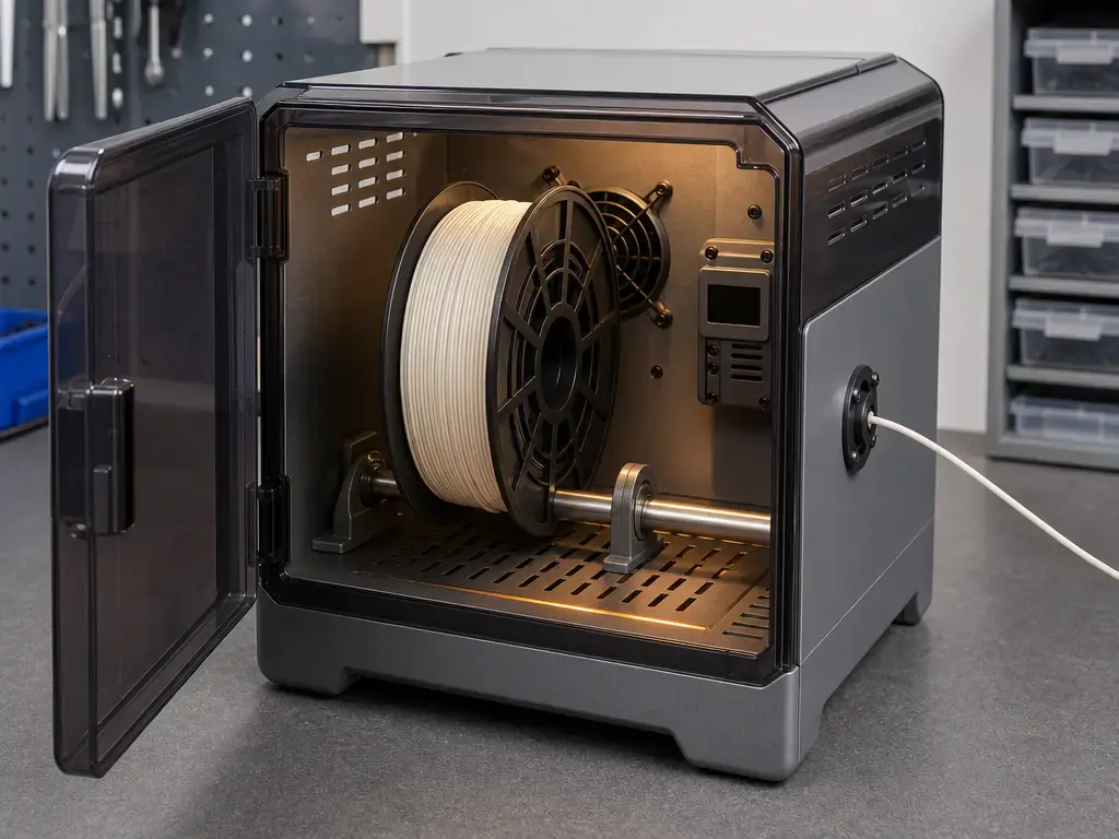 Filament spool drying in a controlled dryer with temperature monitoring