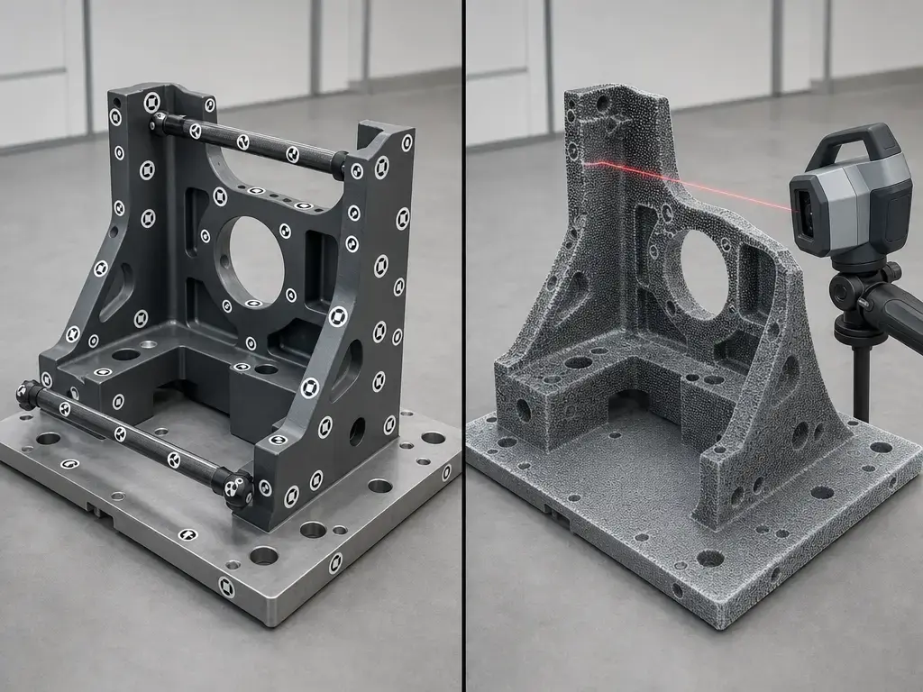 Target-based photogrammetry network versus laser scanning on an industrial part