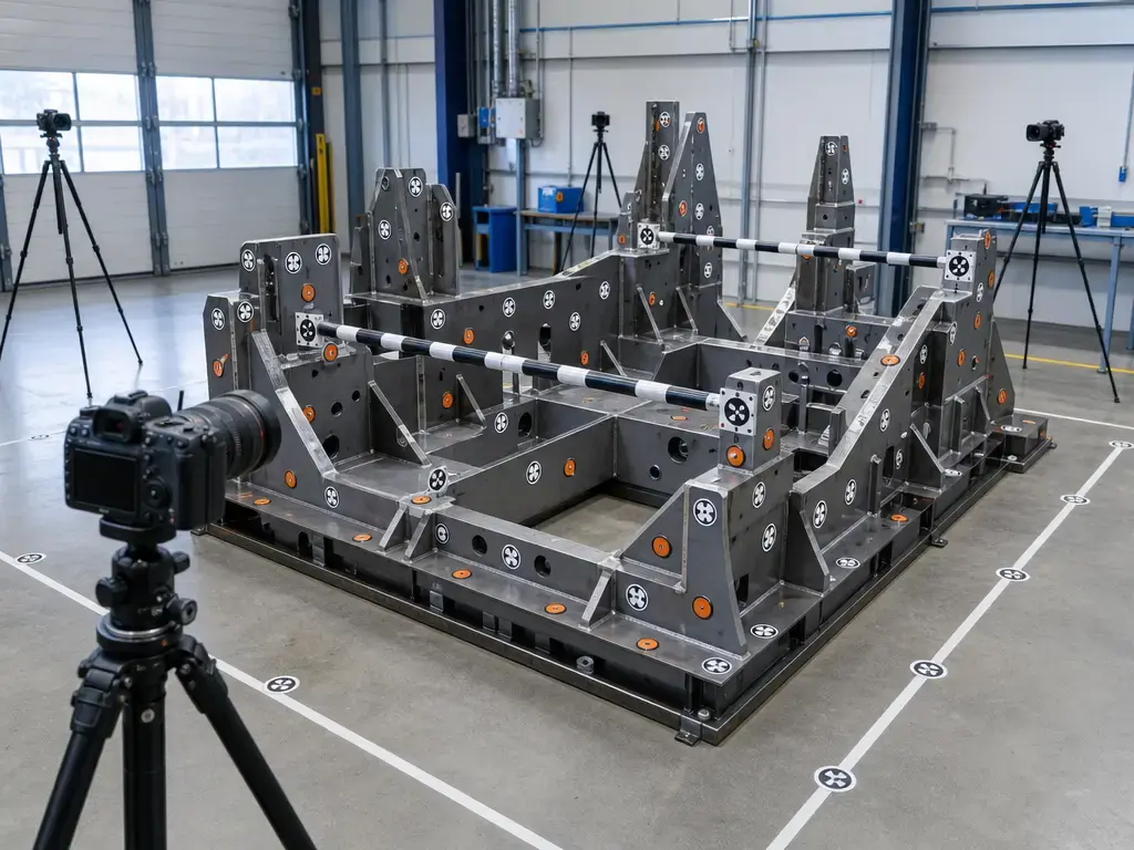 Industrial photogrammetry setup with targets and scale bars on a large metrology job