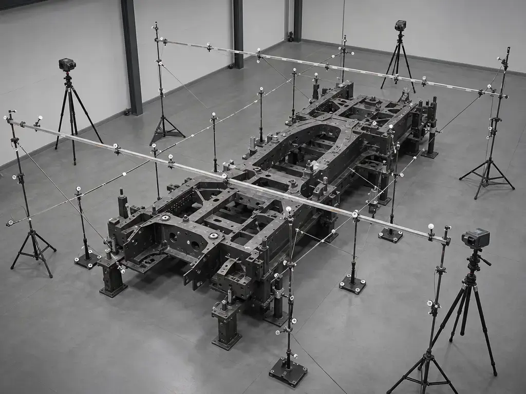 Large-volume metrology geometry with multiple stations and distributed control targets