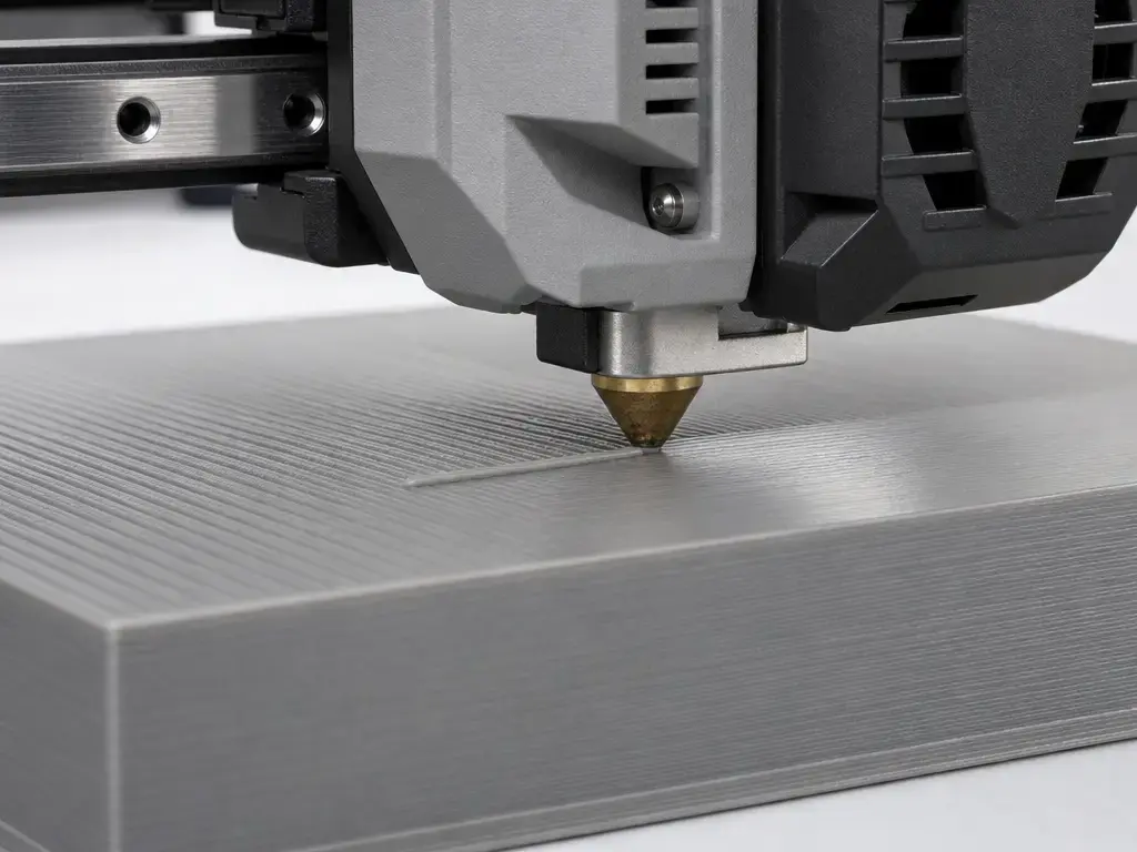 FDM nozzle doing a low-flow ironing pass over a flat top surface