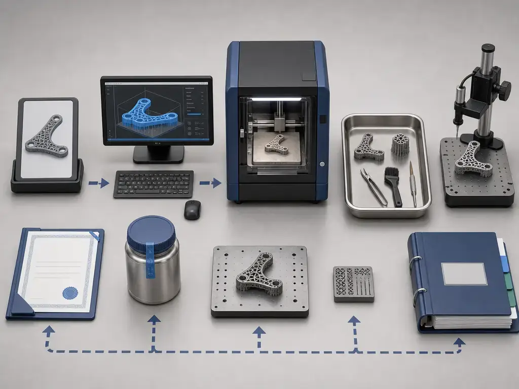 ISO 13485 additive-manufacturing workflow with file control, printing, post-processing, and release steps