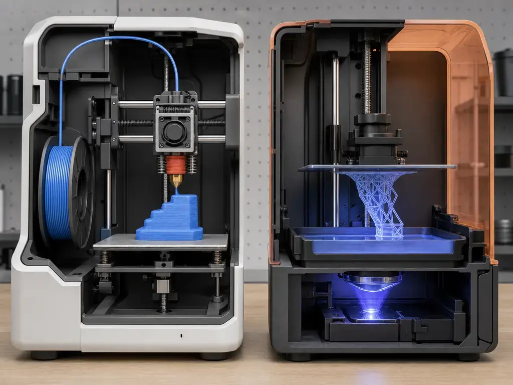 Cutaway of material extrusion and vat photopolymerization mechanisms