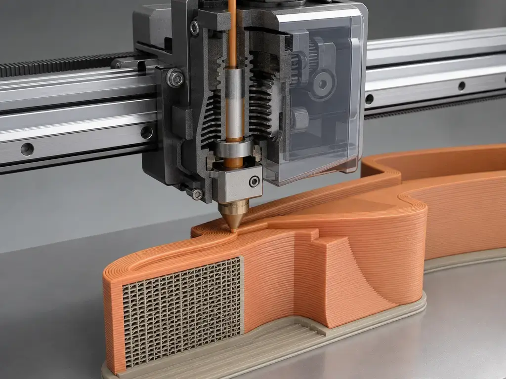 material extrusion nozzle depositing thermoplastic onto layered additive manufacturing part