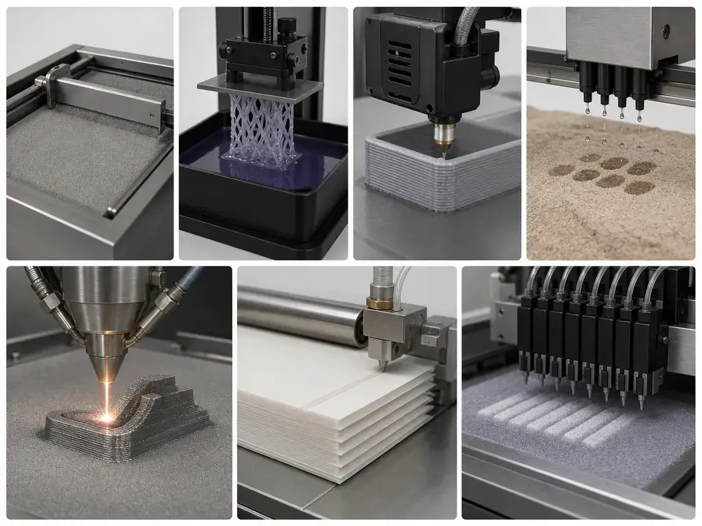 comparison of seven additive manufacturing process families with representative physical setups