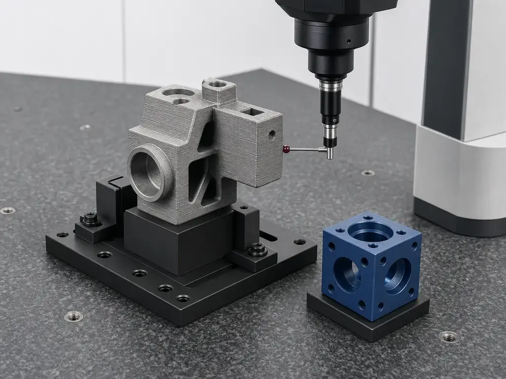 Additive manufactured part in a metrology setup with reference artifact