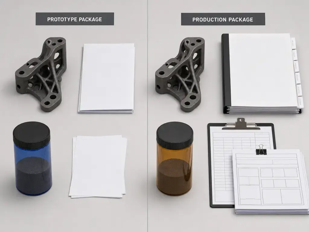 Finished additive manufactured part compared with procurement and quality artifacts