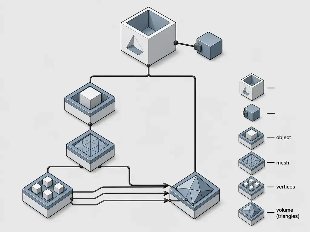 AMF structure diagram showing root element, units, mesh, vertices, volume, and triangle hierarchy