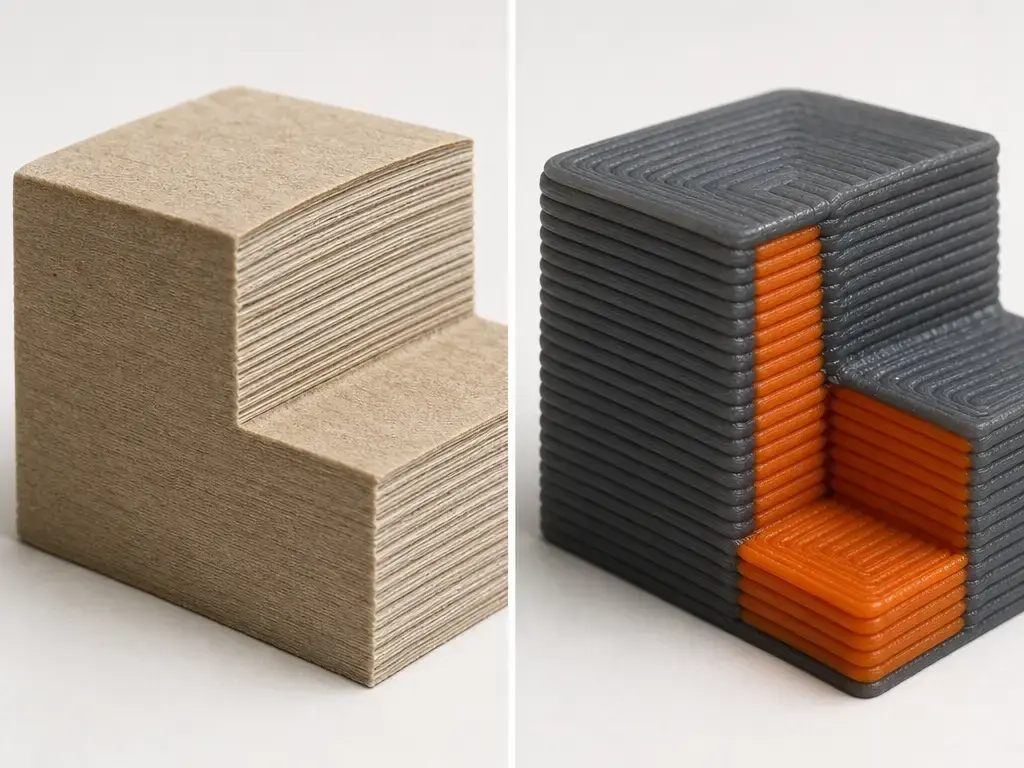 Side-by-side LOM sheet layers and FDM filament roads comparison