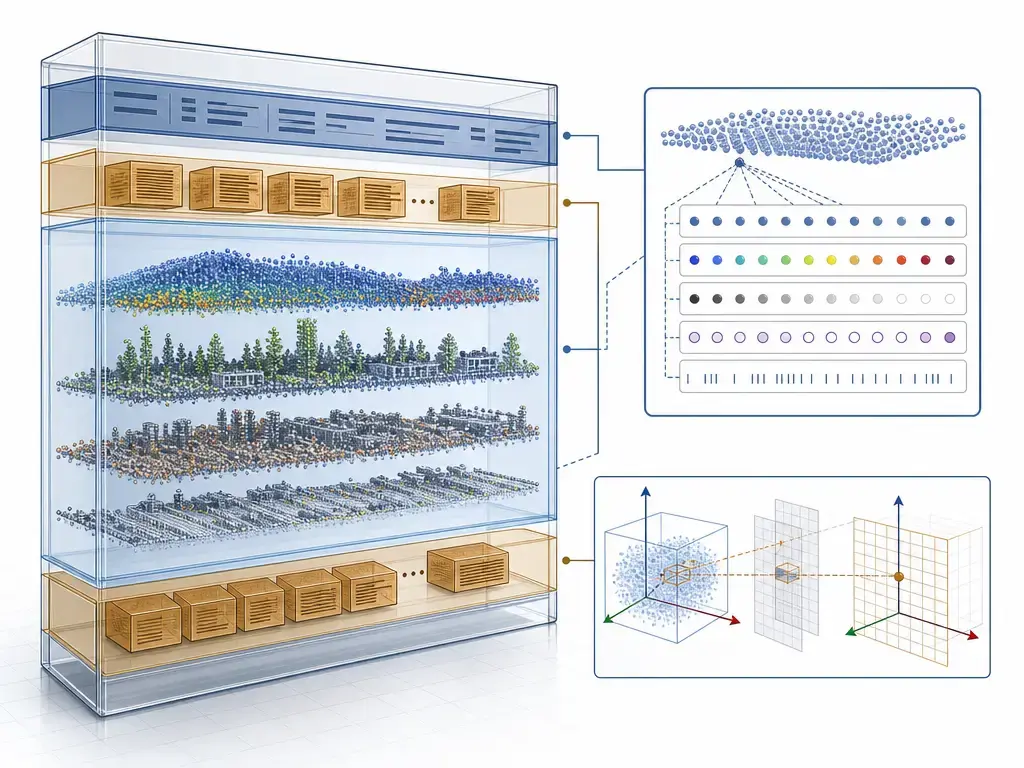 Cutaway diagram of LAS file structure with header, VLRs, point records, and EVLRs