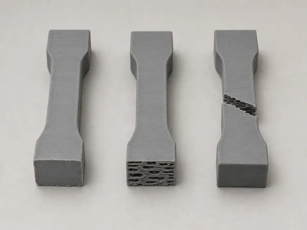 Comparison of FFF test coupons with good bonding, voids, and layer delamination