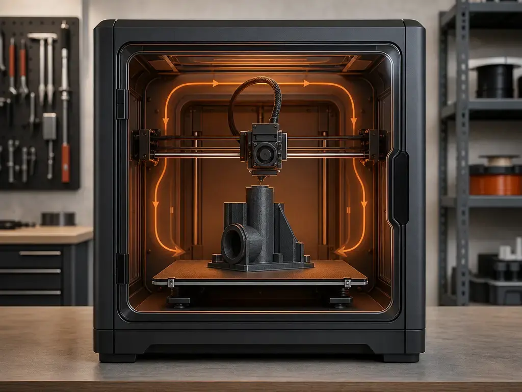 Enclosed FFF printer setup for ABS layer adhesion with stable chamber and heated bed