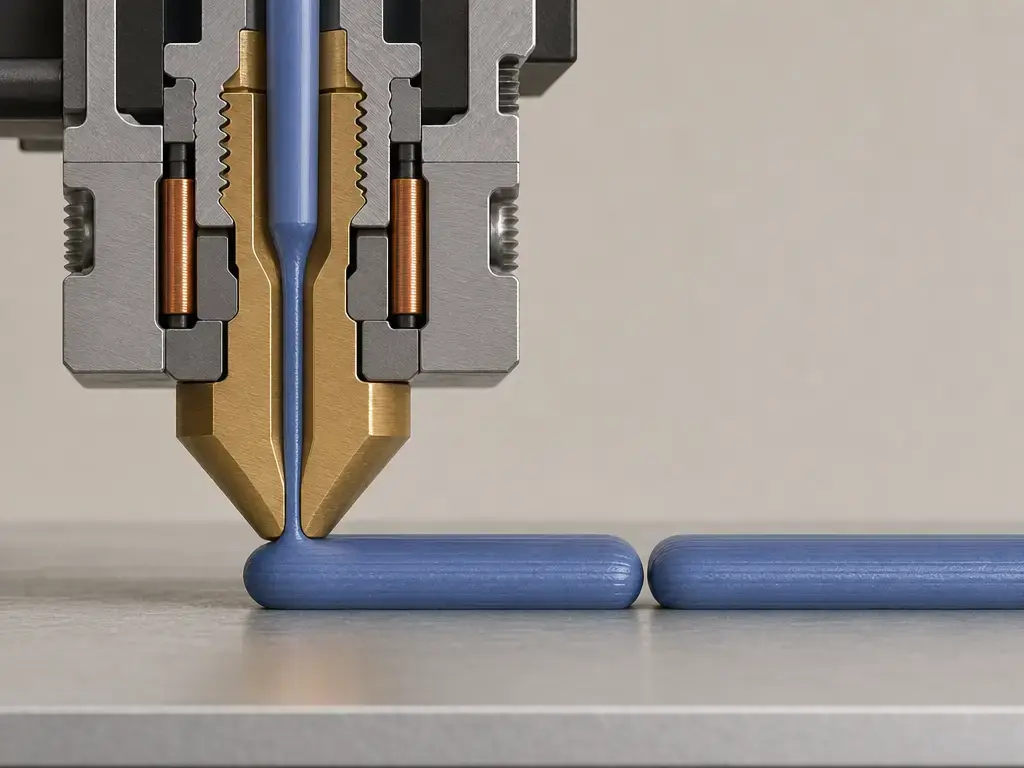 FDM nozzle cutaway showing bead width and toolpath spacing on a printed layer