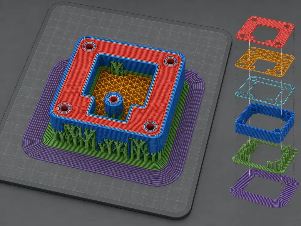 Slicer-style toolpath view separating outer wall, inner wall, infill, support, and first-layer paths