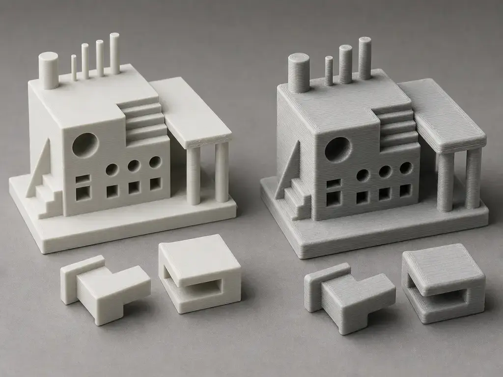 Comparison of FDM samples showing corner fidelity, hole accuracy, and top-surface changes