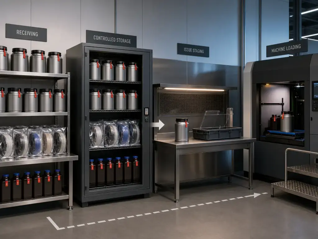 AM material containers staged from receipt to machine issue